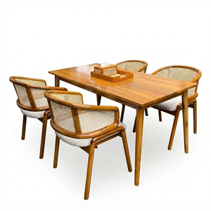 Ensemble de salle à manger rectangulaire en teck massif Canggu, style Mid-Century Modern, avec dossier en échelle, confort premium, pour projets hôteliers et de complexes hôteliers - Product Image 1