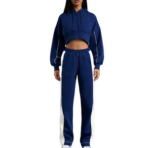 Women's Navy Blue <b>Cropped</b> Zip Up Hoodie White Contrast <b>Stripe</b> Jogger Pants 2 Piece Athletic Tracksuit Set Custom Sportswear - Product Image 1