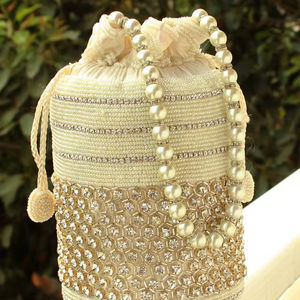 Handmade <b>Cream</b> Cylindrical Potli <b>Bag</b> Silver Crystal Rhinestone Beadwork Women Wedding Bridal Purse <b>Evening</b> Party Clutch - Product Image 1