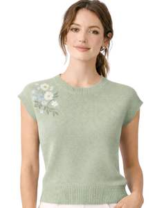 Suéter de Punto sin Mangas para Mujer, Color Verde Claro, Bordado Floral, Cuello Redondo, Suave, Ligero, Informal, Chaleco de Verano, Top Elegante y Moderno - Product Image 1