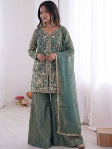 Women <b>Green</b> <b>Silk</b> top plazzo Floor Length Loose Fit Traditional Ethnic Outfit Wedding Festive Wear India Pakistan Style - Product Image 1