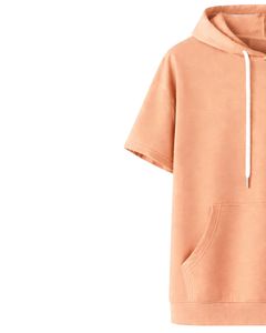 Haut à capuche décontracté pour homme, manches courtes, style streetwear léger d'été, en mélange de coton avec poches, couleur pêche - Product Image 4