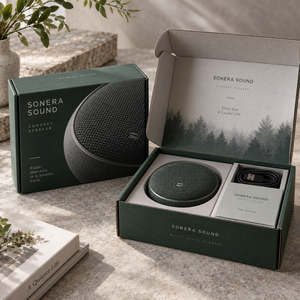 Boîte d'emballage en carton ondulé imprimé personnalisée pour haut-parleur compact SONERA - Product Image 1