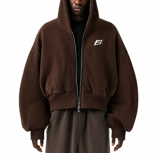 <b>Mens</b> Hooded <b>Zip</b> Jacket Brown Oversized Fit Ribbed Hem Casual Street Style <b>Top</b> Custom Label US Wholesale B2B Bulk Supply Source - Product Image 1