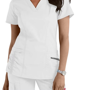 Women V Neck Scrub Top Navy Blue Cotton Polyester Woven Medical Uniform for Hospital Nurses <b>Doctors</b> Scrubs <b>Set</b> - Product Image 3