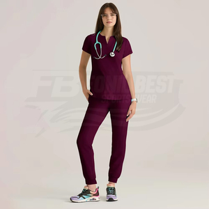 Women V Neck Scrub <b>Top</b> <b>Maroon</b> Polyester Knitted Hospital Uniform Blouse With Pockets For Medical Staff - Product Image 2