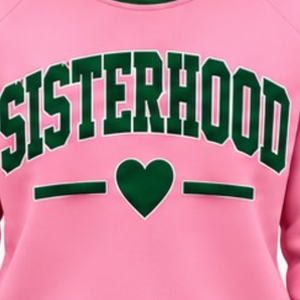 Sudadera Rosa de Punto Acanalado para Mujer con Gráfico de Letras 'Sisterhood' y Patrón de Corazones, Cuello Redondo, Manga Larga, Estilo Casual, Personalizable para Damas - Product Image 5