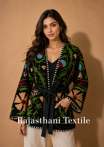 Pink Suzani Embroidered Knitted Velvet Quilted Reversible Bomber <b>Jacket</b> Vintage <b>Hippie</b> Style Autumn Winter Breathable Nylon Wool - Product Image 3