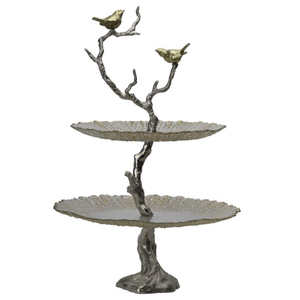 Support à gâteau à deux niveaux en métal doré avec design de branche d'arbre et oiseaux, plateau décoratif pour cupcakes élégants, décoration de table à la maison - Product Image 2