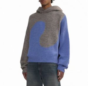 Crop Hoodie <b>Zip</b>-Up Blue And Gray Casual Knitted Sweatshirt Autumn Wear 100% Cotton - Product Image 2