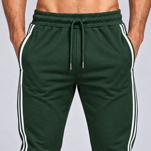Dark Forest Green <b>Mens</b> Track <b>Joggers</b> Double <b>White</b> Side Stripes Training Running Pants Elastic Waist Ribbed Wholesale Trouser - Product Image 4