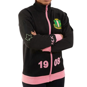 AKA Elite Black Track <b>Jacket</b> with Pink Trim Full Zip Embroidered Crest 1908 Women's Athletic <b>Jacket</b> Black Pink - Product Image 1