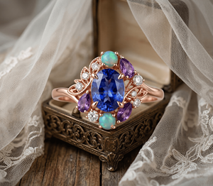 Anillos de Lujo Personalizados de Plata y Oro Sólido de 10K/14K con Tanzanita Cultivada en Laboratorio, Diamantes en Racimo y Piedra de Nacimiento para Compromiso y Aniversario - Product Image 3