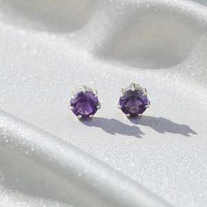 Genuine Amethyst Stud Earrings 925 Sterling <b>Silver</b> Handmade Minimalist IGI Certified Rhodium Plated Party Jewelry Gift - Product Image 1