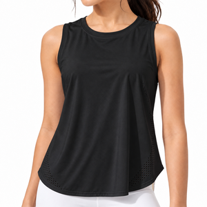 <b>Women</b> <b>Black</b> Sleeveless Crew Neck <b>Crop</b> Tank <b>Top</b> Regular Fit Breathable Hollow Out Yoga <b>Top</b> Front Logo - Product Image 4