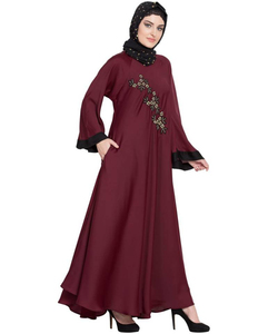 Modest Long Sleeve Muslim <b>Abaya</b> Midi Pleated Hem Embroidery Detail Solid Color Women's Daily Wear Middle East Style Four-Way - Product Image 6