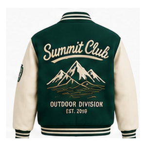 Blouson universitaire personnalisé en laine 100% vert forêt, brodé, motif montagne, style baseball, chenille - Product Image 3