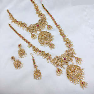 Designer Gold Plated Pota Stone and <b>Pearl</b> Double <b>Necklace</b> <b>Set</b> Fine Steel Jewelry - Product Image 1
