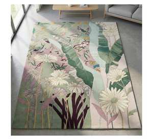 Alfombra Grande Hecha a Mano con Diseño Botánico de Flores y Aves, Patrón de Margaritas y Colibríes, Verde y Rosa, para Sala de Estar - Product Image 1