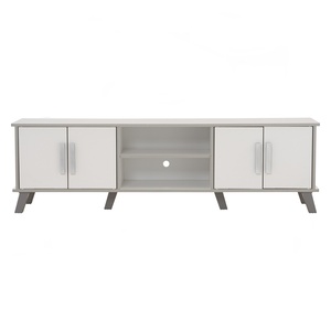 Mueble de TV moderno de tablero laminado con acabado blanco, mueble bajo para TV, centro de entretenimiento con doble almacenamiento y puertas abiertas - Product Image 4