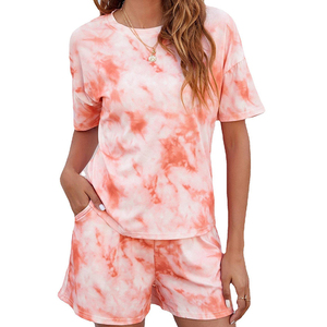 Women's <b>Tie</b> <b>Dye</b> Short Sleeve Loose Fit 2 Piece <b>Set</b> O Neck Cotton Knitted Casual Summer Shorts Outfit With Pocket - Product Image 1
