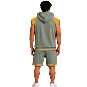 Mens Sage Green Mustard <b>Sleeveless</b> Hooded Tracksuit Set Custom Logo Gym Fitness Training Sports <b>Hoodie</b> And Shorts Activewear - Product Image 2