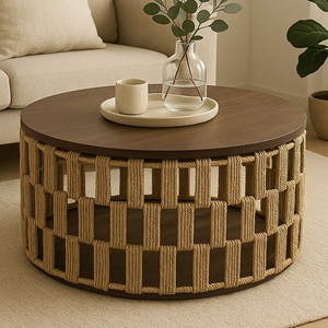 Mesa de Centro Redonda Moderna Hecha a Mano con Madera de Teca y Cuerda Tejida, Mueble Ecológico Minimalista para Sala de Estar - Product Image 1