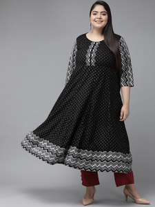 Kurti Anarkali noir en rayonne à imprimé géométrique doré, col rond et manches trois quarts, pour femmes grandes tailles - Product Image 2