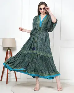 Gaun Maxi sutra musim panas Vintage India baru dengan gaun pakaian pantai Boho kasual lembut dan bersirkulasi motif bunga