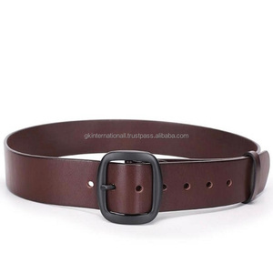 เข็มขัดลำลองหนังเรียบสำหรับผู้ชายหัวเข็มขัดทองเหลืองหนาหนังแท้สีน้ำตาลเข้ม - Product Image 5