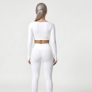 Square Neck Long Sleeve Workout Set Yoga Fitness Thumb Loop Two Piece Set Square Neck <b>Crop</b> <b>Top</b> Leggings 2 Piece Set - Product Image 2