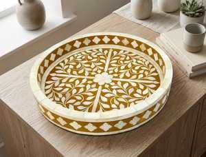 Handmade Modern Bone Inlay Floral Serving Tray Round Decorative Coffee <b>Table</b> Organizer Gift - Product Image 5