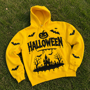 Sweat-shirt à capuche graphique personnalisé pour Halloween, pour hommes et femmes, jaune, avec impression 3D de citrouille, chauve-souris et maison hantée, en molleton de coton - Product Image 6