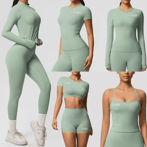 Conjunto de Yoga de 2 Piezas para Mujer, Top Corto Verde Menta, Pantalones Cortos de Cintura Alta, Ropa Deportiva sin Costuras de Spandex y Poliéster - Product Image 4