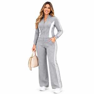 Conjunto Deportivo de 2 Piezas para Mujer, Color Granate con Rayas Blancas, Manga Larga, Cierre de Cremallera, Corte Holgado, Tejido de Punto, Secado Rápido, 100% Poliéster - Product Image 2