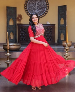 Vestidos Anarkali Tradicionales Indios de Tela Sintética con Bordado Zari y Lentejuelas para Bodas y Festivales - Product Image 1