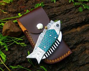 มีดพับเหล็กดามัสกัส Nordic Forge พร้อมปลอกหนัง ด้ามลายรังผึ้ง ทำด้วยมือ พกพาสะดวก ใช้สำหรับล่าสัตว์ ตั้งแคมป์  OEM ODM - Product Image 5