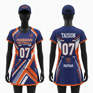Maillot de netball pour femme au meilleur prix, 180 GSM, polyester interlock, bleu marine, orange, blanc, panneau géométrique, sublimation, logo personnalisé, kit d'équipe - Product Image 1