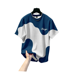 <b>Mens</b> <b>Blue</b> White Color Block Graphic Print T Shirt Crew Neck Short Sleeve Casual Streetwear Shirt Wholesale Clothing Apparel - Product Image 1