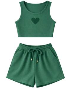 Women Ribbed Crop Tank <b>Top</b> And Drawstring Shorts Set Forest Green With <b>Heart</b> Print Casual Lounge Two Piece Outfit Customized - Product Image 1