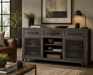 Industrial Solid Mango Wood Modern Dining Room Cabinet with 3 Drawers Mesh Doors Storage - Product Image 2