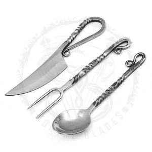 Ensemble de couverts médiévaux torsadés forgés à la main en 3 pièces, style Viking, couteau, cuillère, fourchette - Product Image 1