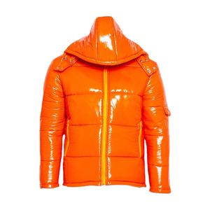 Veste matelassée orange à finition brillante, imperméable, à capuche, logo personnalisé sur le devant, décontractée, unisexe, pour l'hiver - Product Image 1
