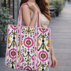 Grand sac fourre-tout en coton matelassé style bohème pour femmes, sac à bandoulière à fermeture ouverte, imprimé bloc, lavable, sac de voyage - Product Image 1