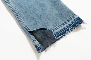 Jean en denim déchiré coupe droite taille mi-haute ample longueur pleine délavage vintage décontracté pour femme bleu clair en coton - Product Image 3