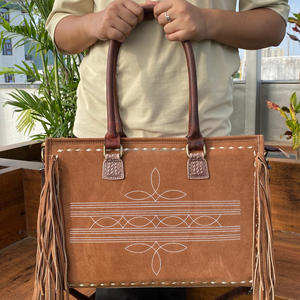 Hot Selling <b>Boot</b> Stitch Tan Suede Leather Fringe Tote Bags for Women's Western Concealed Carry Genuine Leather Shopping Handbags - Product Image 2