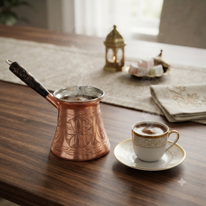 Cafetera Turca de Cobre Grabada a Mano con Patrón Floral, Cezve, Ibrik Árabe, Briki Griega, Calentador de Leche para Estufa con Mango de Madera Oscura - Product Image 2