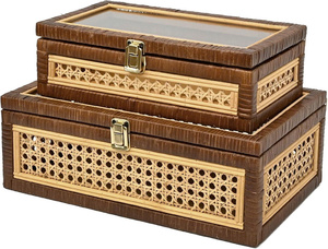 Elegance Touch Rustic Look Handcrafted Eco-Friendly Rectangle Rattan Jewelry <b>Box</b> <b>Set</b> in Brown with Glass Lid for Room Decor - Product Image 2