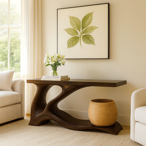 Mesa Consola Moderna Artesanal de Madera Maciza Natural, Mesa Decorativa para Sala de Estar, Entrada de Hotel o Recibidor, Mesa de Entrada Curva - Product Image 1