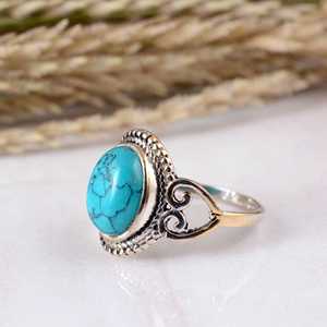 Bijou de mariage ethnique bohème en argent sterling 925, serti d'une pierre précieuse turquoise bleue ovale, style antique fait main, vintage - Product Image 3